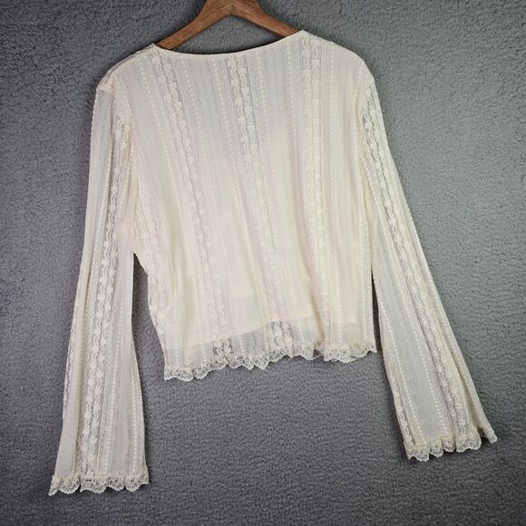 Arula Boho Lace Blouse 2X Cream NWT Scalloped Romantic Ruched Tie Sheer Sleeve - Picture 14 of 16